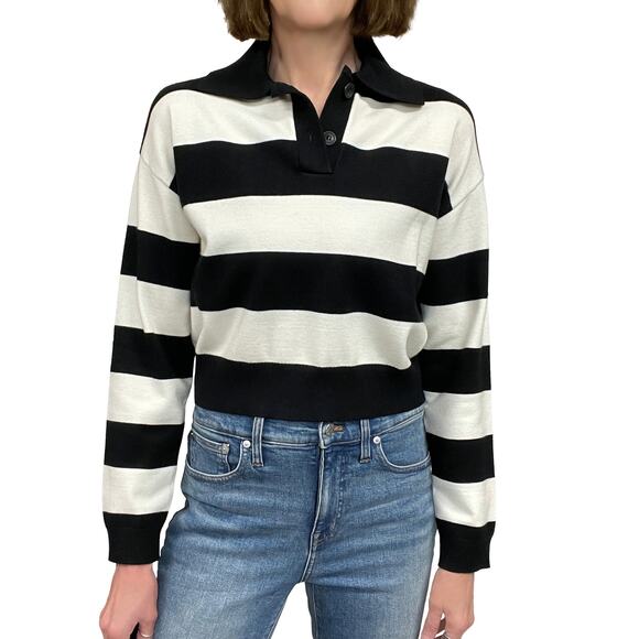 Amazon's The Drop Joan Split-Neck Polo Sweater Sz S New $50 Black White Striped - Picture 1 of 11